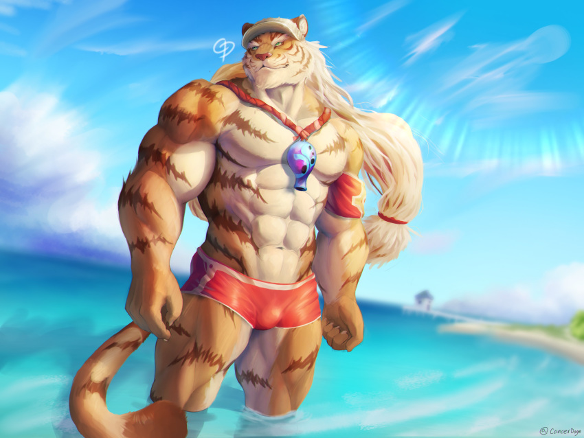 4:3 5_fingers abs absurd_res anthro beach biceps biped cancerdoge clothed clothing cloud day detailed_background english_text felid fingers fur green_eyes hair hat headgear headwear hi_res humanoid_hands long_hair male mammal multicolored_body multicolored_fur muscular muscular_anthro muscular_male muscular_thighs navel orange_body orange_fur pang pantherine partially_submerged pecs sdorica sdorica_sunset sea seaside signature solo striped_body striped_fur striped_tail stripes swimming_trunks swimwear text tied_hair tiger two_tone_body two_tone_fur water whistle white_body white_fur