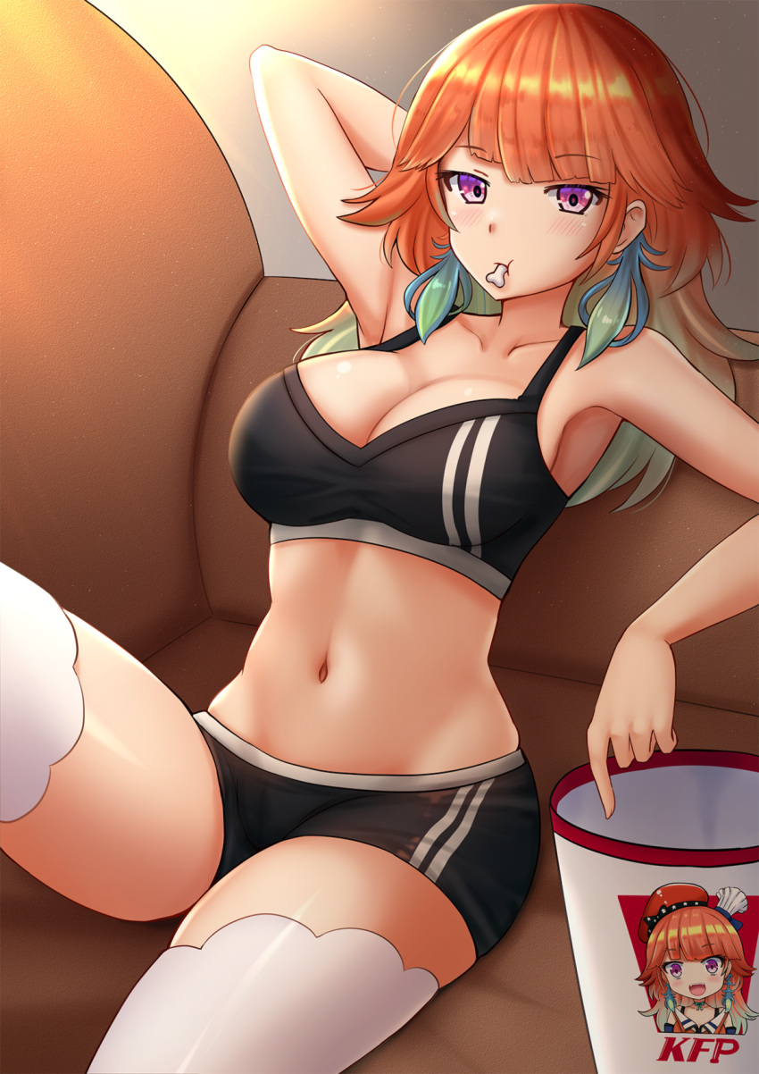 1girl arm_behind_head arm_up armpits bare_arms bare_shoulders black_shorts brand_name_imitation breasts bucket cartoon_bone cleavage collarbone commentary couch crop_top gradient_hair highres hololive hololive_english kazenokaze kfc long_hair looking_at_viewer medium_breasts midriff mouth_hold multicolored_hair navel on_couch orange_hair purple_eyes reclining short_shorts shorts sleeveless solo sports_bra stomach takanashi_kiara thighhighs thighs virtual_youtuber white_legwear