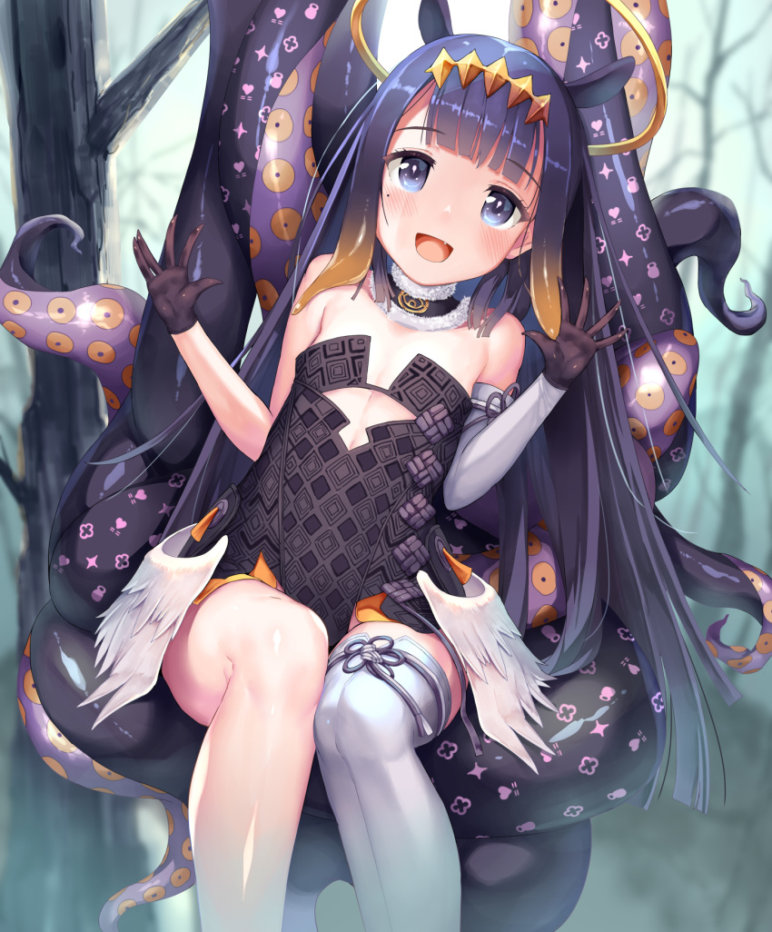 1girl bangs black_dress blue_eyes blunt_bangs dress fang flat_chest gloves halo highres hololive hololive_english holomyth looking_at_viewer mogmog mole ninomae_ina'nis outdoors pointy_ears purple_hair smile solo tentacle_hair tentacles thighhighs tree virtual_youtuber wings