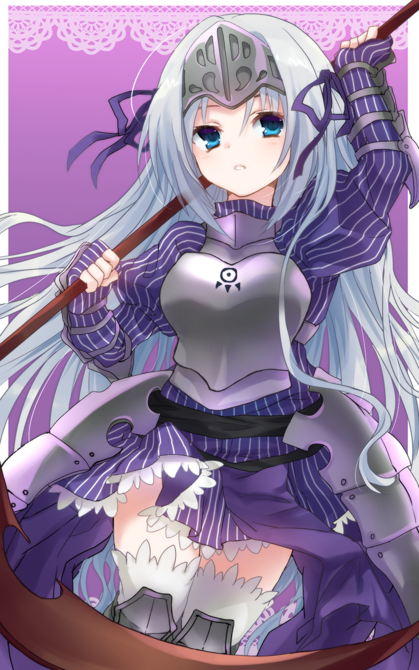 armor armored_dress bangs blue_eyes breastplate dress eucliwood_hellscythe faulds fingerless_gloves floating_hair gloves hair_between_eyes hair_ribbon headgear highres holding holding_scythe kore_wa_zombie_desu_ka? long_hair looking_at_viewer parted_lips poppu purple_dress purple_gloves purple_ribbon ribbon scythe short_dress silver_hair solo striped striped_dress thighhighs vertical-striped_dress vertical-striped_gloves vertical_stripes very_long_hair white_legwear