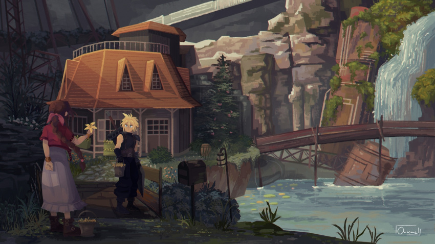 1boy 1girl aerith_gainsborough back blonde_hair boots bow braid bridge chromelxd cloud_strife cropped_jacket dress final_fantasy final_fantasy_vii final_fantasy_vii_remake flower flower_basket grass hair_bow highres house jacket looking_at_another pink_dress plant red_jacket scenery water waterfall