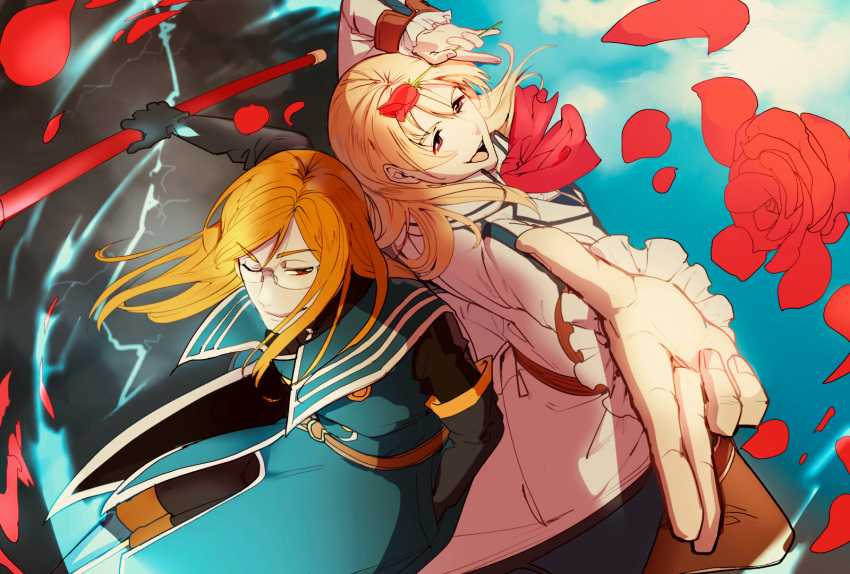 2boys :d black_gloves blonde_hair commentary_request crossover eiyuu_densetsu elbow_gloves flower glasses gloves highres holding holding_flower jade_curtiss long_hair looking_to_the_side male_focus multiple_boys olivert_reise_arnor one_eye_closed open_mouth red_eyes rose smile sora_no_kiseki takagi_rakuji tales_of_(series) tales_of_the_abyss