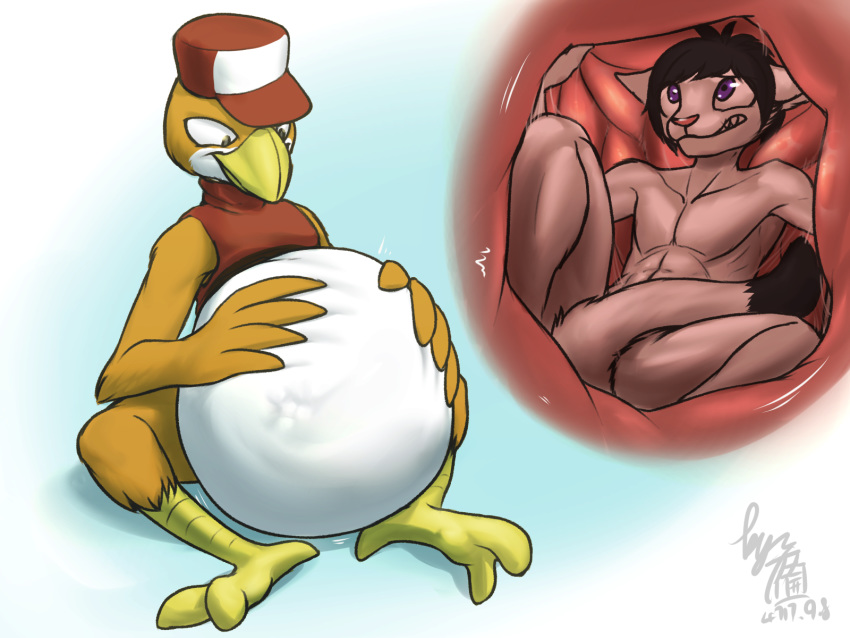 2020 3_toes 4:3 4_fingers 99ultra_(character) abdominal_bulge abs after_vore anthro anthro_pred anthro_prey athletic athletic_anthro athletic_male avian barefoot beak belly big_belly biped bird black_hair black_tuft blue_background bottomless bottomless_male brown_body brown_feathers clenched_teeth clothed clothing cramped cutaway dated digital_drawing_(artwork) digital_media_(artwork) dipstick_tail domestic_cat duo fangs feather_hands feathers felid feline felis fingers front_view fur fur_tuft gradient_background grey_eyes grey_text hair hat headgear headwear hi_res looking_down looking_up lunlunfox lying male male_pred male_prey mammal motion_lines multicolored_tail multiple_images nude number on_back oral_vore parmesan_(drgingerbread) paws pecs pink_nose purple_eyes red_clothing red_hat red_headwear red_shirt red_topwear restrained same_size_vore shirt short_hair signature simple_background sitting smile soft_vore spread_legs spreading stomach tail_between_legs talons teeth three-quarter_view toes topwear tuft vore white_background white_body white_fur worried yellow_beak yellow_talons