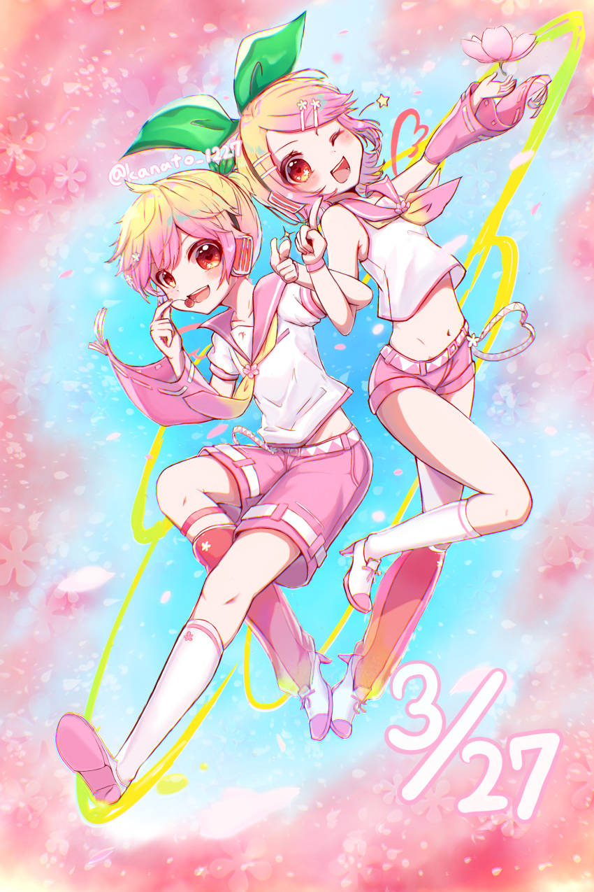 1girl absurdres arm_warmers asymmetrical_sleeves bangs belt blonde_hair bow cherry cherry_blossoms collar commentary crop_top dated flower food fruit gradient_hair green_bow hair_bow hair_ornament hairclip headphones heart heart-shaped_pupils high_heels highres holding holding_food holding_fruit index_finger_raised kagamine_len kagamine_rin kanato_1227 kneehighs looking_at_viewer mismatched_footwear multicolored_hair one_eye_closed open_mouth petals pink_background pink_collar pink_eyes pink_flower pink_hair pink_legwear pink_shorts pink_sleeves sailor_collar school_uniform shirt short_hair short_ponytail short_shorts short_sleeves shorts single_arm_warmer single_leg_warmer single_sleeve smile solo spiked_hair star_(symbol) swept_bangs symbol-shaped_pupils vocaloid white_shirt wristband
