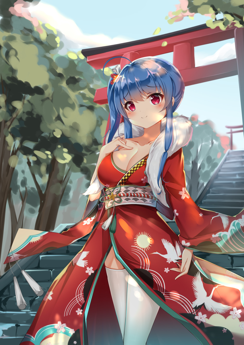 1girl absurdres ahoge alternate_costume azur_lane bangs blue_hair blush breasts cleavage collarbone eyebrows_visible_through_hair fur_trim hair_ornament hand_on_own_chest highres japanese_clothes kimono large_breasts long_hair looking_at_viewer obi purple_eyes red_kimono sash sidelocks smile st._louis_(azur_lane) st._louis_(tipsy_snow)_(azur_lane) stairs temple thighhighs tming tree white_legwear