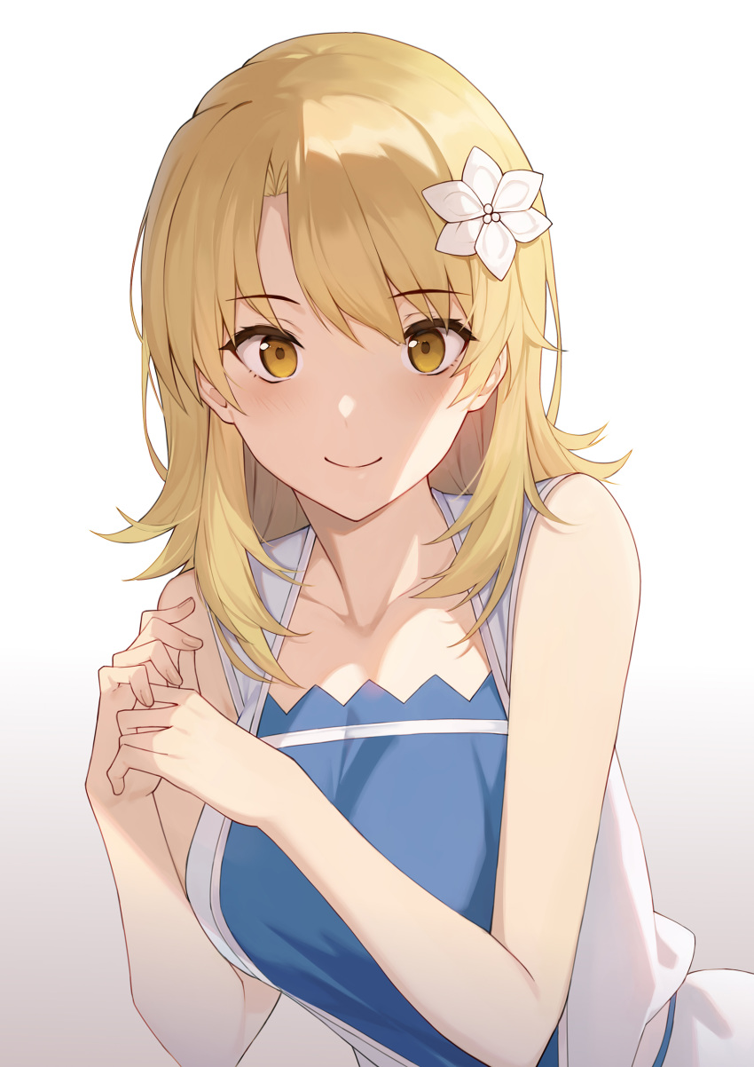 1girl absurdres bangs bare_shoulders blonde_hair blush breasts closed_mouth flower hair_flower hair_ornament highres isshiki_iroha large_breasts looking_at_viewer short_hair smile yahari_ore_no_seishun_lovecome_wa_machigatteiru. yellow_eyes yykuaixian