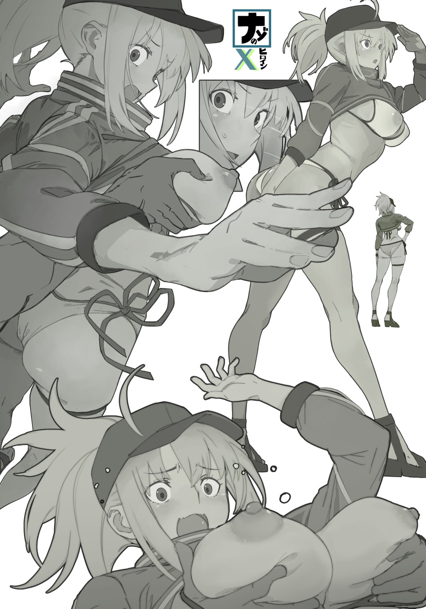 1girl absurdres ahoge artoria_pendragon_(all) ass baseball_cap bikini breast_grab breast_lift breasts commentary_request cropped_jacket fate/grand_order fate_(series) fingernails grabbing grabbing_from_behind greyscale groping hair_between_eyes hair_through_headwear hat highres jacket looking_back monochrome multiple_views mysterious_heroine_xx_(foreigner) nipples oki_asari open_mouth open_track_jacket ponytail sandals shrug_(clothing) side-tie_bikini sidelocks simple_background swimsuit thigh_strap track_jacket