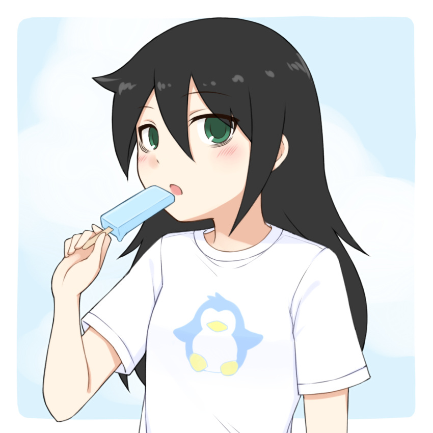 1girl :o animal_print bags_under_eyes bird bird_print black_hair blue_sky blush border casual cloud cloudy_sky commentary_request eyebrows_visible_through_hair food green_eyes hair_between_eyes highres holding holding_food kuroki_tomoko long_hair looking_at_viewer mohya open_mouth outside_border penguin popsicle print_shirt shirt sky solo upper_body watashi_ga_motenai_no_wa_dou_kangaetemo_omaera_ga_warui! white_border white_shirt