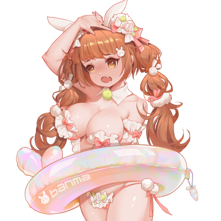 1girl animal_ears arm_garter arm_up artist_name b-anma bangs bikini blush bow breasts brown_eyes brown_hair bunny_ears bunny_hair_ornament cleavage copyright_request cowboy_shot detached_collar fang frilled_bikini frills groin hair_ornament hair_ribbon hairclip highres innertube innertube_with_ears large_breasts long_hair looking_away multi-tied_hair open_mouth pink_bikini pink_bow pom_pom_(clothes) ribbon saliva side-tie_bikini simple_background solo strapless strapless_bikini swimsuit twintails yellow_eyes