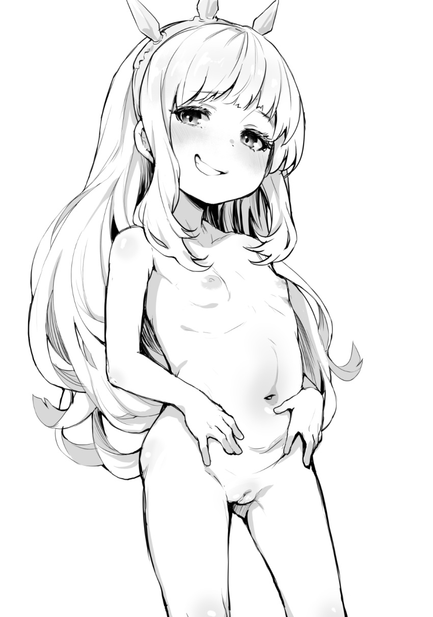 1girl ass_visible_through_thighs bangs blush breasts cagliostro_(granblue_fantasy) check_commentary collarbone commentary_request cowboy_shot eyebrows_visible_through_hair granblue_fantasy greyscale hairband highres long_hair looking_at_viewer monchan_rev3 monochrome naughty_face navel nude pussy ribs simple_background small_breasts smug stomach teeth tiara uncensored white_background