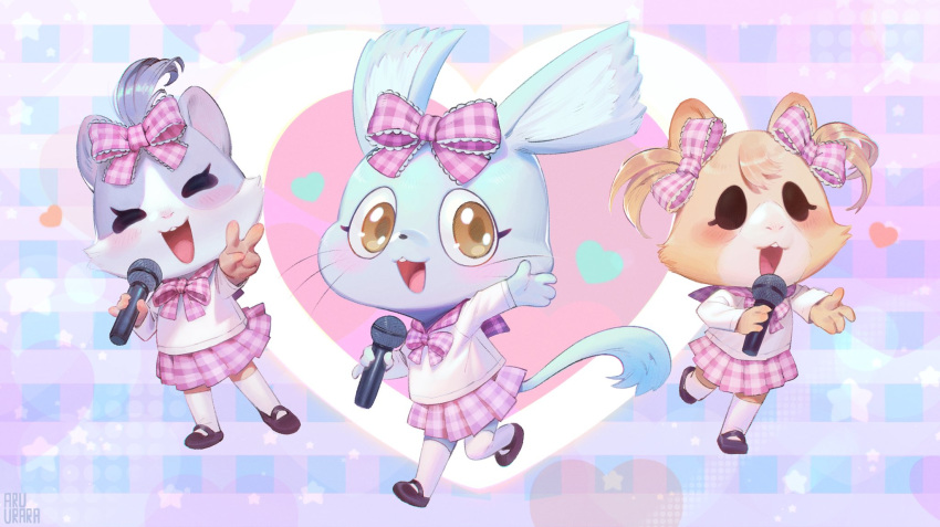 &lt;3 aggressive_retsuko anthro aruurara blush chinchilla chinchillid clothing cricetid female group hamster hi_res hidarin mammal manaka_(aggretsuko) microphone migi_(aggretsuko) peace_signs rodent sanrio school_uniform uniform