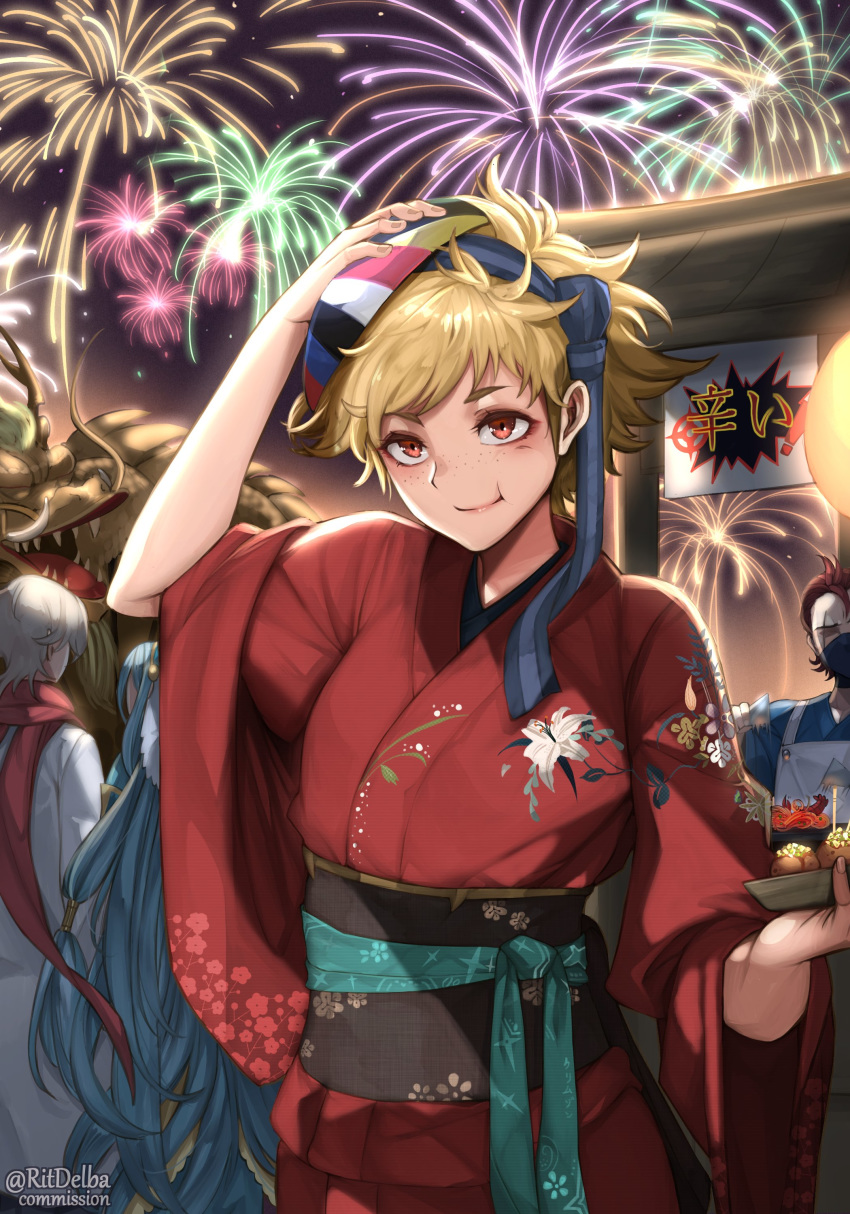 2boys 2girls absurdres aerial_fireworks aqua_hair azura_(fire_emblem) blonde_hair candy_apple commission corrin_(fire_emblem) corrin_(fire_emblem)_(male) dragon eastern_dragon festival fire_emblem fire_emblem_fates fireworks food freckles highres japanese_clothes kimono multiple_boys multiple_girls obi red_eyes red_hair red_kimono ritence saizo_(fire_emblem) sash scar scar_across_eye scarlet_(fire_emblem) short_hair silver_hair smile solo_focus twitter_username wide_sleeves yukata