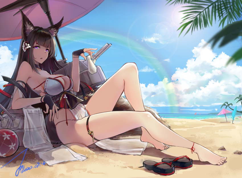 amagi_(azur_lane) animal_ears anthropomorphism azur_lane ball beach breasts cleavage drink foxgirl janload1ng japanese_clothes sake signed tail umbrella water