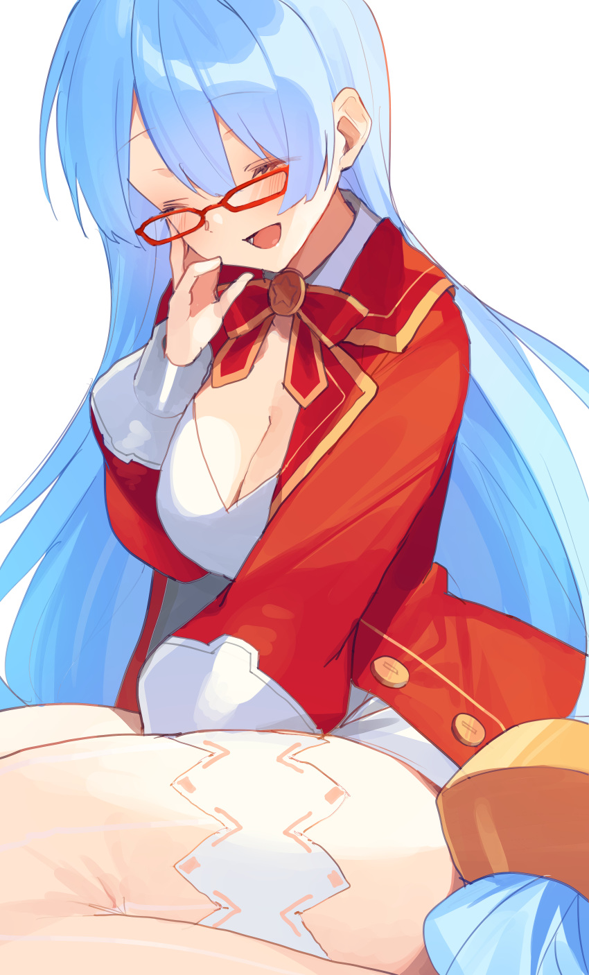 1girl absurdres blue_hair breasts buran_buta cleavage closed_eyes glasses hair_ornament happy highres jacket long_hair low-tied_long_hair low_twintails medium_breasts neptune_(series) nishizawa_mina open_mouth puffy_sleeves red-framed_eyewear red_jacket simple_background sitting smile solo thighhighs twintails very_long_hair white_background white_legwear
