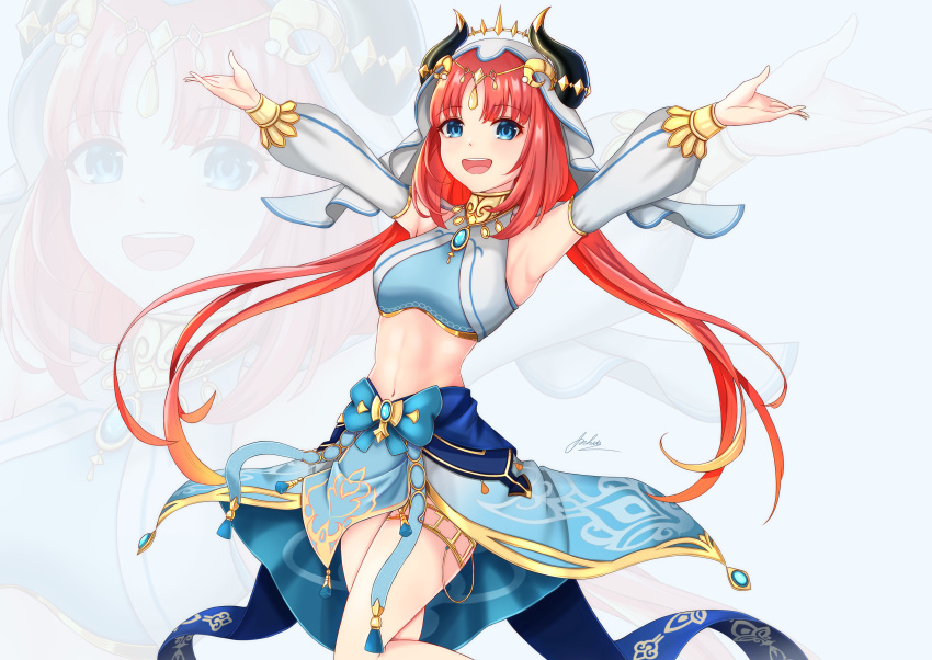 1girl :d absurdres aoikito_lavender086 armpits blue_eyes blunt_bangs commentary dancer dancing detached_sleeves fake_horns genshin_impact headpiece highres horns jewelry long_hair long_sleeves looking_at_viewer low_twintails navel neck_ring nilou_(genshin_impact) red_hair sidelocks simple_background smile solo standing standing_on_one_leg stomach thighlet twintails veil zoom_layer