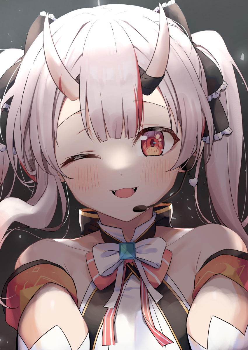1girl ;d absurdres bare_shoulders black_bow blush bow bowtie collarbone commentary face fangs frilled_bow frills hair_bow headset highres hololive horns idol long_hair looking_at_viewer multicolored_hair nakiri_ayame nonstop_story one_eye_closed oni oni_horns open_mouth pink_bow red_eyes red_hair smile solo streaked_hair striped striped_bow syhan twintails upper_body virtual_youtuber white_bow white_hair white_neckwear