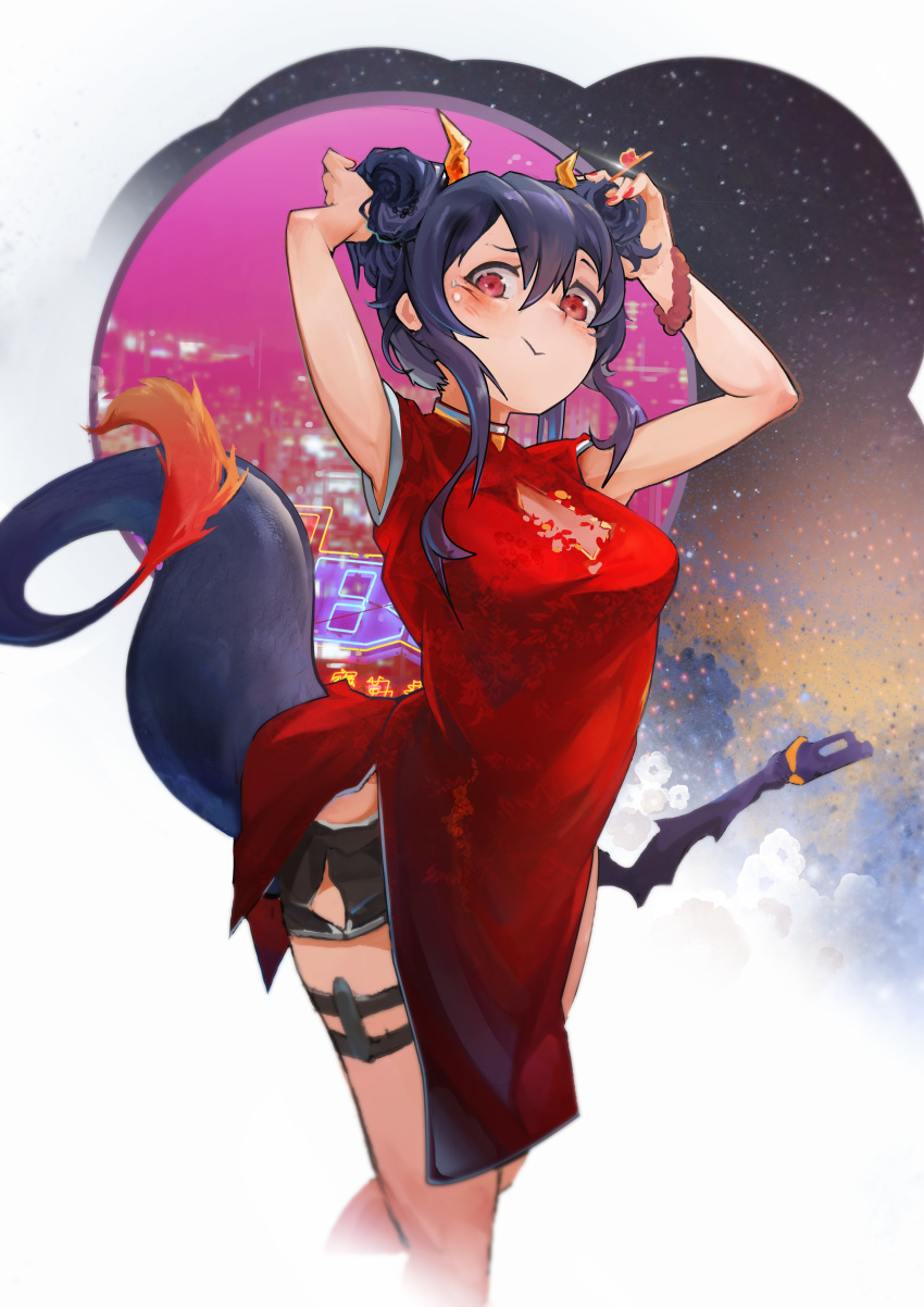 2020 absurd_res adjusting_hair animal_humanoid arknights asian_clothing blue_hair blush chen_(arknights) chinese_clothing clothing colored_nails dragon dragon_humanoid east_asian_clothing female hair hi_res humanoid jumbowhopper looking_at_viewer nails red_eyes red_nails simple_background solo