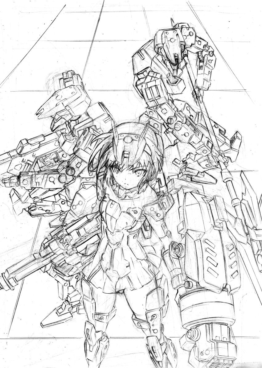 1girl architect_(frame_arms) architect_(frame_arms_girl) bare_shoulders commentary_request detached_collar elbow_gloves frame_arms frame_arms_girl gloves graphite_(medium) gun headgear highres kumichou_(ef65-1118-ef81-95) long_hair looking_at_viewer mecha mecha_musume microskirt pile_bunker polearm power_fist sketch skirt thighhighs thighs tile_floor tiles traditional_media weapon