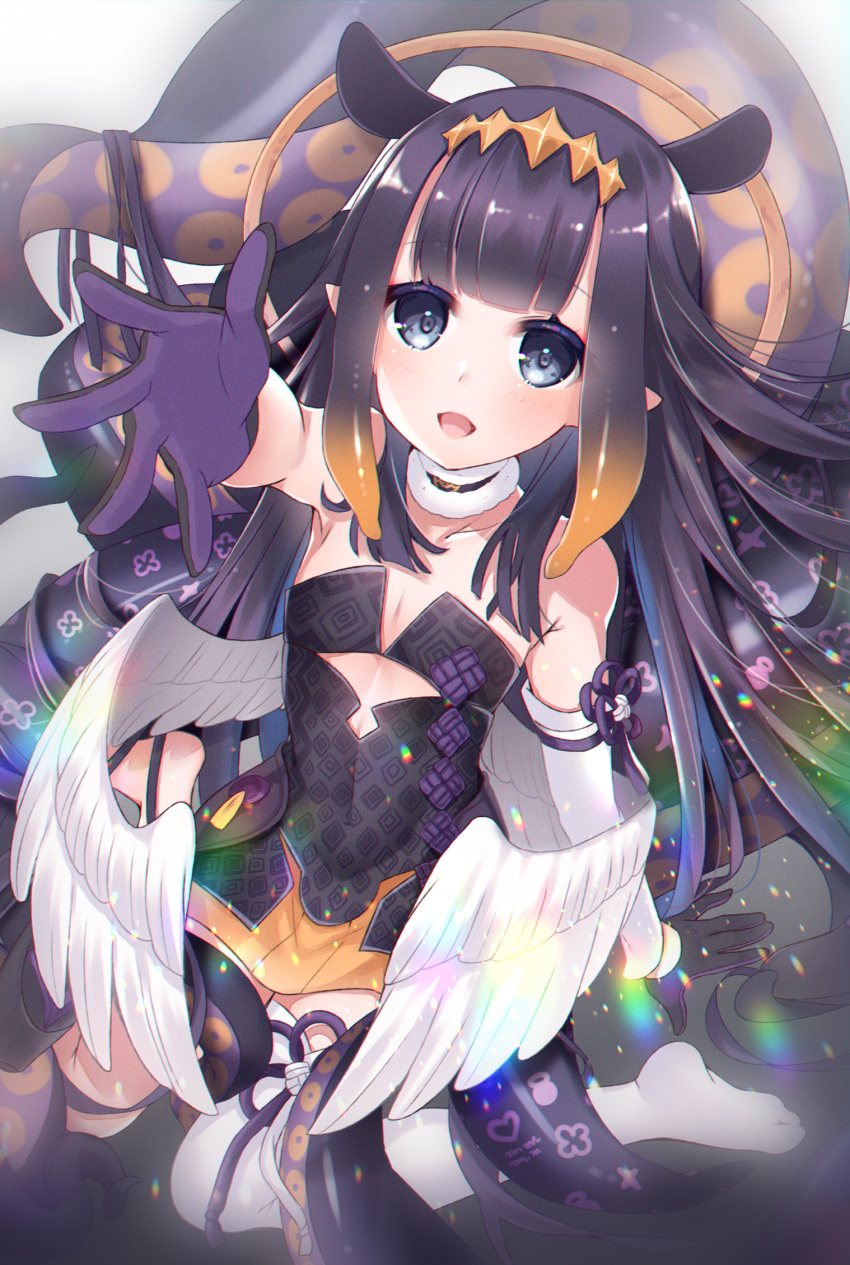 1girl :d arm_support bangs bare_shoulders black_dress black_gloves blue_eyes blunt_bangs breasts collar detached_sleeves dress feathered_wings foreshortening gloves half_gloves halo headpiece highres hololive hololive_english kneeling ko_yu long_hair looking_at_viewer low_wings ninomae_ina'nis no_shoes open_mouth outstretched_arm outstretched_hand pointy_ears purple_hair reaching_out sidelocks single_detached_sleeve single_thighhigh sitting small_breasts smile solo strapless strapless_dress tentacle_hair tentacles thighhighs very_long_hair virtual_youtuber wariza white_legwear white_wings wings