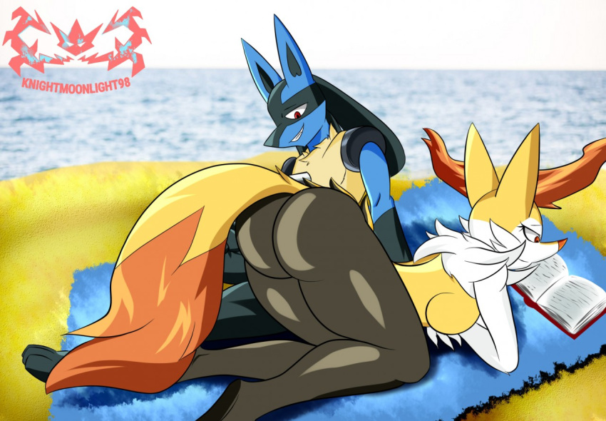 anthro beach black_body black_fur blue_body blue_fur book braixen breasts butt claws clenched_teeth detailed_background duo fangs female fluffy fluffy_tail fur kneeling knightmoonlight98 lucario male male/female multicolored_body multicolored_fur nintendo open_mouth open_smile orange_body orange_fur pok&eacute;mon pok&eacute;mon_(species) reading reading_book red_eyes seaside smile spikes teeth video_games white_body white_fur yellow_body yellow_fur