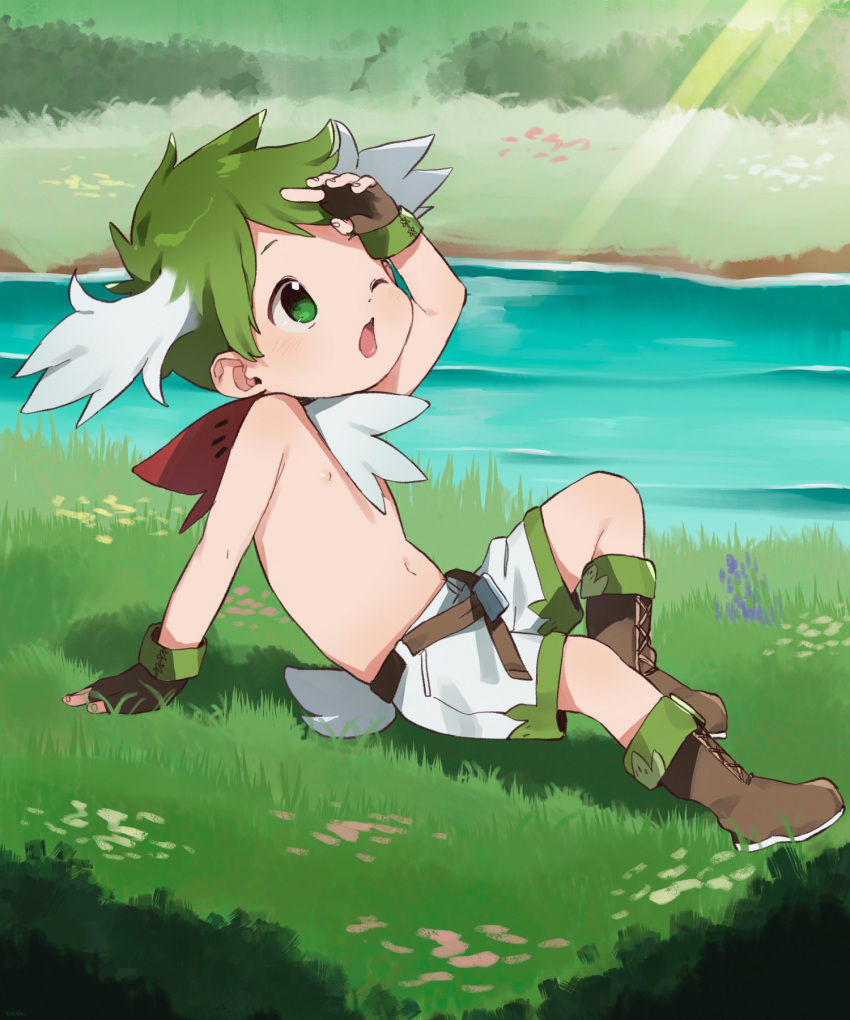 1boy antlers arm_support arm_up boots brown_footwear brown_gloves child cross-laced_footwear day english_commentary fingerless_gloves full_body gen_4_pokemon gloves grass green_eyes green_hair green_theme highres knee_up lace-up_boots looking_afar looking_away looking_up male_focus mythical_pokemon navel on_ground one_eye_closed open_mouth outdoors outstretched_leg personification pokemon scarf shading_eyes shadow shaymin shaymin_(sky) shorts sitting solo stream sunlight thebrushking topless water white_shorts