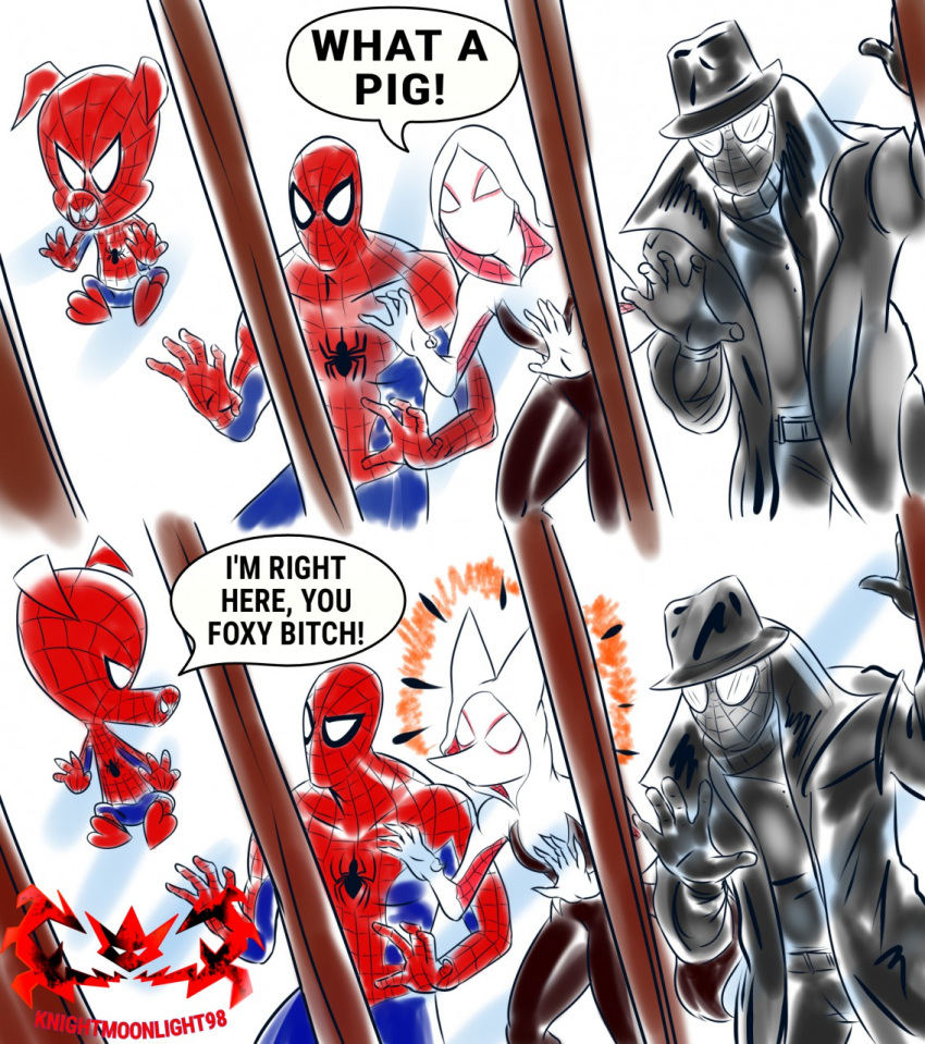 anthro breasts canid canine claws clothed clothing dialogue dialogue_box domestic_pig english_text female fox group gwen_stacy hat headgear headwear hi_res knightmoonlight98 male mammal marvel mask profanity simple_background spider-gwen spider-man_(character) spider-man_(series) suid suina suit sus_(pig) text
