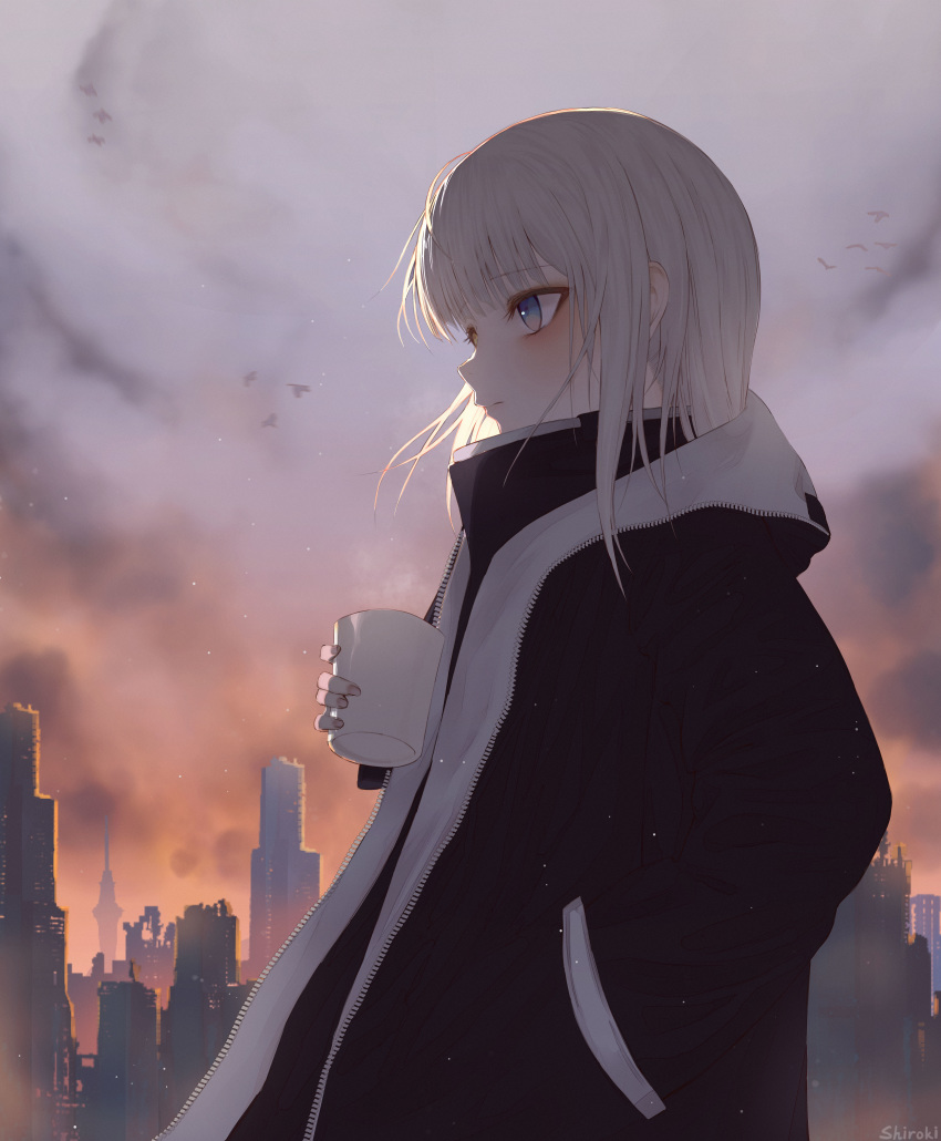 1girl absurdres alternate_costume alternate_hairstyle artist_name backlighting bangs bird black_jacket blue_eyes blush building city cityscape closed_mouth cloud cloudy_sky commentary_request cup eyebrows_visible_through_hair from_side hand_in_pocket high_collar highres holding holding_cup hood hood_down jacket kagura_mea kagura_mea_channel long_hair long_sleeves looking_away looking_to_the_side morning outdoors profile shiroki_tyuki signature silver_hair sky solo steam straight_hair two-tone_jacket upper_body virtual_youtuber zipper