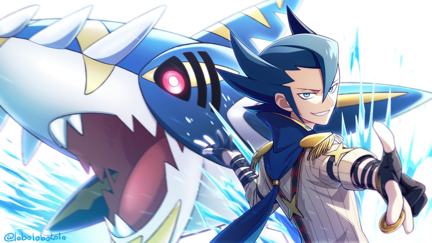 1boy artist_name bangs black_gloves blue_eyes blue_hair coin commentary_request epaulettes gen_3_pokemon gloves grimsley_(pokemon) hair_between_eyes hands_up highres holding holding_coin lobolobo2010 looking_back mega_pokemon mega_sharpedo pokemon pokemon_(creature) pokemon_(game) pokemon_masters_ex sharpedo shirt sleeves_rolled_up spiked_hair teeth upper_body water watermark