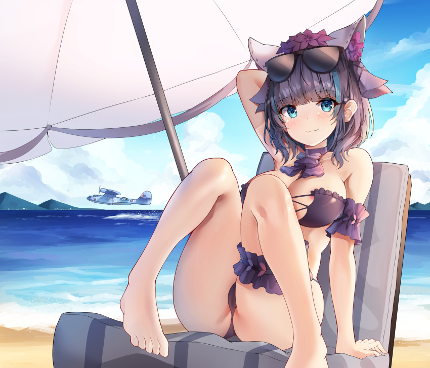 anthropomorphism aqua_eyes azur_lane bikini cameltoe cheshire_(azur_lane) purple_hair short_hair sobmarine swimsuit