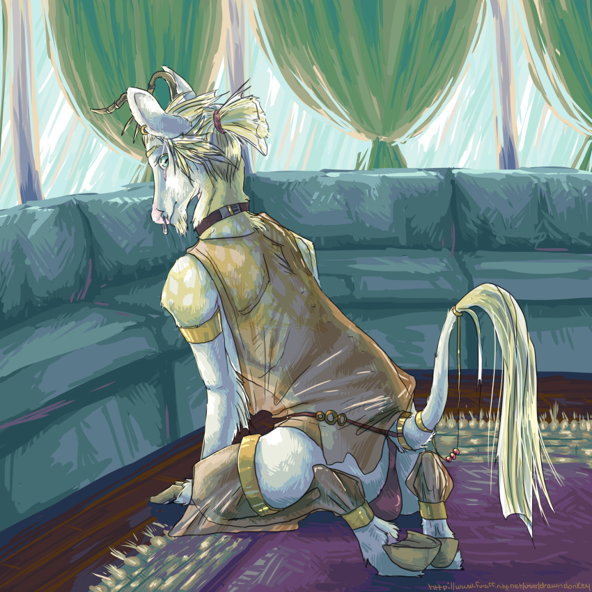 1:1 anthro capreoline carpet cervid clothing collar curtains_open dapple_deer detailed_background drawindonkey ear_piercing english_text equid equine facial_hair facial_piercing furniture gelu_(character) goatee hair_tied hi_res hooves horse hybrid jewelry kneeling leaning leaning_forward looking_at_viewer male mammal nose_piercing piercing raised_tail rear_view shackles sofa solo tail_jewelry text thong translucent translucent_clothing underwear white-tailed_deer window