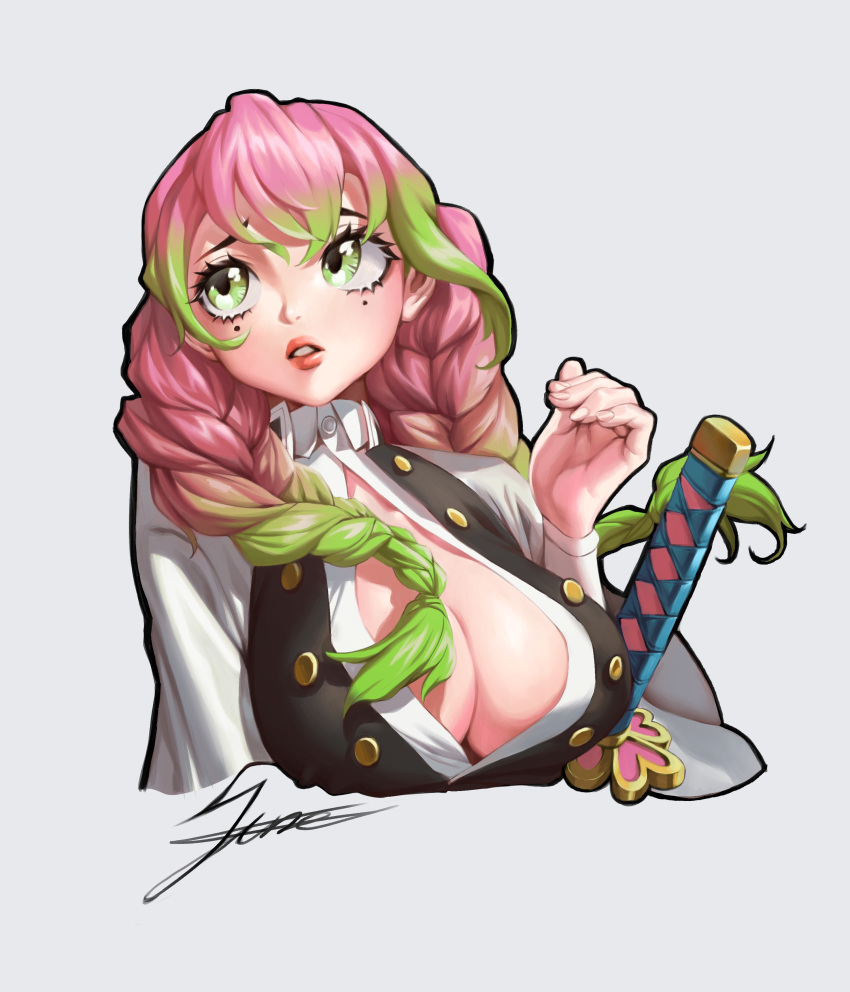 1girl absurdres breasts cleavage commission green_eyes grey_background highres holstered_weapon kanroji_mitsuri katana kimetsu_no_yaiba large_breasts looking_up mole mole_under_eye parted_lips pink_hair solo sword thick_lips tiger_june weapon