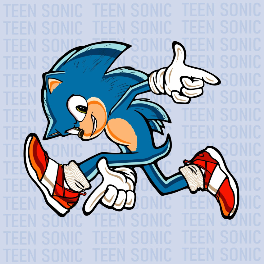 1:1 2020 anthro blue_body blue_fur clothing english_text eulipotyphlan finger_gun footwear fur gesture gloves green_eyes grey_background grin handwear hedgehog hi_res kyjuan06937780 male mammal on_model parody pointing shoes simple_background smile solo sonic_adventure sonic_the_hedgehog sonic_the_hedgehog_(film) sonic_the_hedgehog_(series) tan_body tan_fur text