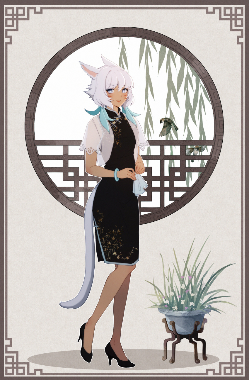 1girl absurdres animal_ears bangs bird bracelet cat_ears cat_tail china_dress chinese_clothes dark_skin dress eyebrows_visible_through_hair facial_mark final_fantasy final_fantasy_xiv full_body high_heels highres jewelry looking_at_viewer lyra-kotto miqo'te plant potted_plant see-through short_hair silver_eyes sleeveless sleeveless_dress smile solo standing tail whisker_markings white_hair y'shtola_rhul