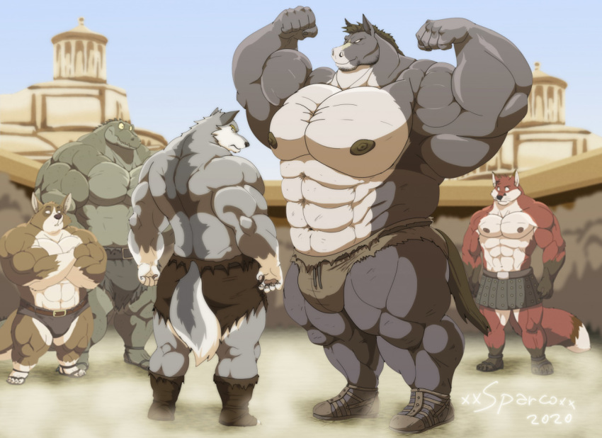 2020 abs amenon_(xxsparcoxx) anthro armor belt biceps big_muscles boots bottomwear brown_body brown_fur canid canine canis clothed clothing crocodile crocodilian crocodylid crossed_arms damocles_(xxsparcoxx) digital_media_(artwork) dipstick_tail domestic_dog equid equine eye_contact flexing footwear fox frown fur fur_boots gladiator green_body green_scales group herding_dog horse huge_muscles hyper hyper_muscles kraso_(xxsparcoxx) leather leather_armor leg_markings looking_at_another male mammal markings multicolored_body multicolored_fur multicolored_tail muscular muscular_anthro muscular_male nipples pastoral_dog pecs pteruges red_body red_fur reptile reyak_(xxsparcoxx) sandals scales scalie scowl skirt smug socks_(marking) teofacio_larna topless topless_male triceps two_tone_body two_tone_fur underwear warrior welsh_corgi white_body white_fur wolf worried xxsparcoxx