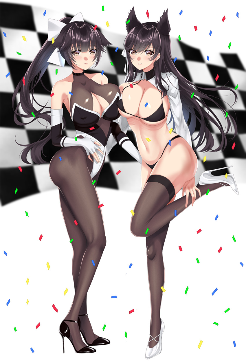 2girls animal_ears asymmetrical_docking atago_(azur_lane) atago_(stunning_speedster)_(azur_lane) azur_lane bikini black_bikini black_footwear black_hair black_legwear blurry bodystocking bow breast_press breasts brown_eyes checkered checkered_flag cleavage_cutout commentary_request confetti depth_of_field elbow_gloves extra_ears fingerless_gloves flag full_body gloves hair_bow hair_flaps hair_ornament high_heels highres himei_asana large_breasts long_hair looking_at_viewer multiple_girls pantyhose ponytail race_queen ribbon shrug_(clothing) simple_background standing swimsuit takao_(azur_lane) takao_(full_throttle_charmer)_(azur_lane) two-tone_bikini two-tone_leotard white_background white_bow white_footwear white_gloves white_ribbon wolf_ears