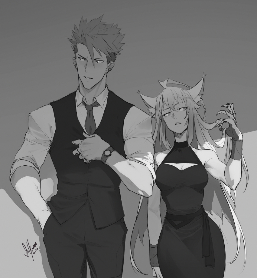 1boy 1girl absurdres achilles_(fate) adjusting_hair ahoge alternate_costume animal_ear_fluff animal_ears atalanta_(fate) bangs bare_shoulders breasts cat_ears claws cleavage_cutout collared_shirt contemporary cowboy_shot dated dress fate/apocrypha fate/grand_order fate_(series) greyscale hair_between_eyes halter_dress hand_in_pocket highres long_hair looking_to_the_side medium_breasts monochrome necktie parted_lips sash shirt sidelocks signature sleeveless sleeveless_dress sleeves_rolled_up sol_ferrari spiked_hair standing toned v-shaped_eyebrows vest watch wristband wristwatch