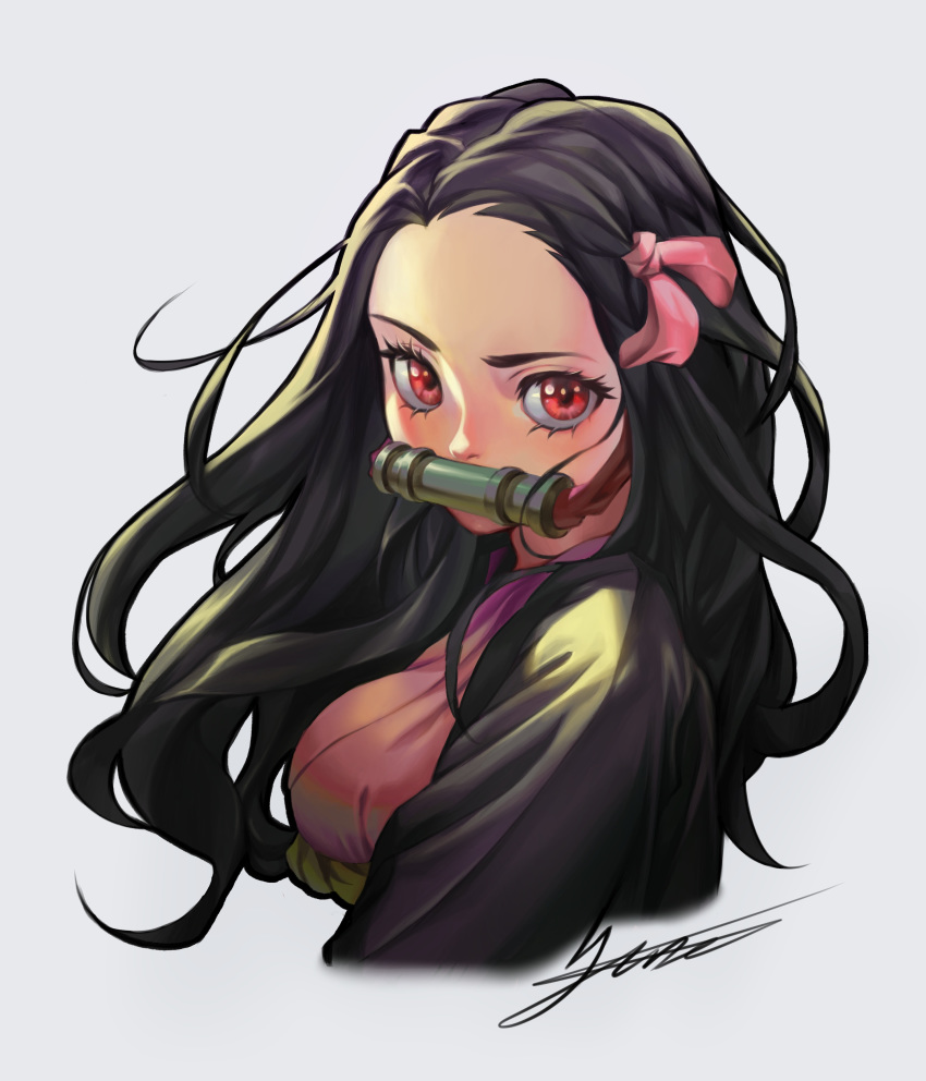 1girl absurdres alternate_breast_size black_hair breasts commission floating_hair grey_background highres kamado_nezuko kimetsu_no_yaiba looking_at_viewer medium_breasts older red_eyes solo tiger_june upper_body