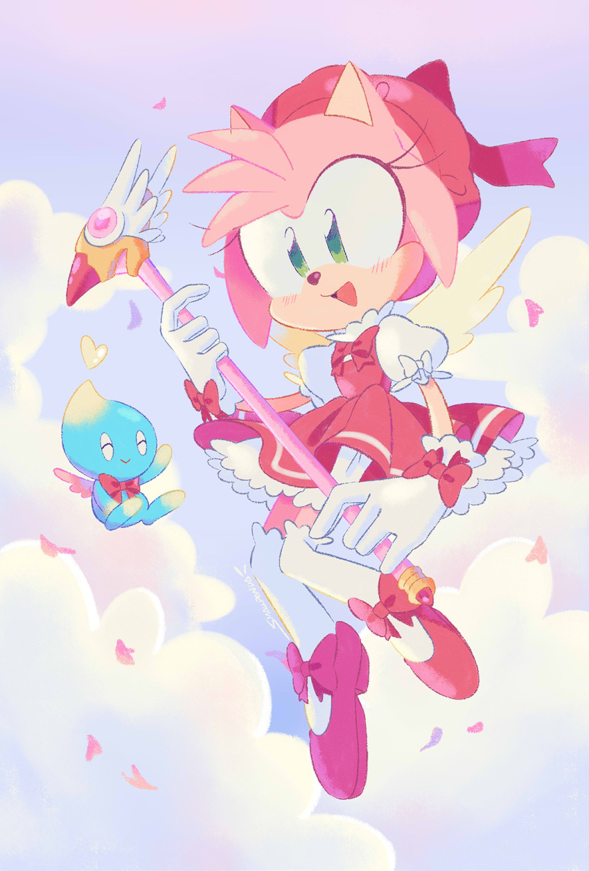 2020 alternate_costume ambiguous_gender amy_rose anthro biped blue_body blush bow_tie cardcaptor_sakura chao_(sonic) cheese_the_chao clothing cloud cosplay crossover crossover_cosplay day dress duo eulipotyphlan eyes_closed female floating fly_(disambiguation) footwear fur gloves green_eyes handwear hedgehog hi_res legwear mammal open_mouth open_smile outside pink_body pink_fur red_clothing red_dress shoes smallpanda smile sonic_the_hedgehog_(series) staff white_clothing white_legwear wings