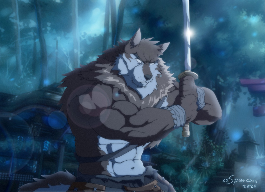 2020 abs anthro armor asian_clothing baldric biceps brown_body brown_fur canid canine canis clothed clothing digital_media_(artwork) east_asian_clothing forest fur holding_object holding_sword holding_weapon japanese_clothing katana looking_up male mammal melee_weapon multicolored_body multicolored_fur muscular muscular_anthro muscular_male navel night ruff samurai shrine solo sword topless topless_male tree two_tone_body two_tone_fur warrior weapon white_body white_fur wolf wraps wrist_wraps xxsparcoxx