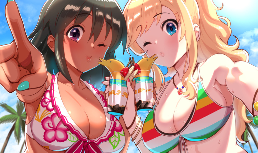 2girls bangs bare_shoulders bikini black_hair blonde_hair blue_eyes blush breasts cleavage cloud collarbone commentary_request dark_skin day drink eyebrows_visible_through_hair foreshortening from_below front-tie_bikini front-tie_top green_nails holding idolmaster idolmaster_cinderella_girls jewelry large_breasts long_hair looking_at_viewer multicolored multicolored_clothes multiple_girls nail_polish natalia_(idolmaster) necklace one_eye_closed ootsuki_yui outdoors outstretched_arm pettan_p pointing pointing_at_viewer ponytail puckered_lips purple_eyes reaching_out self_shot smile striped striped_bikini swimsuit upper_body