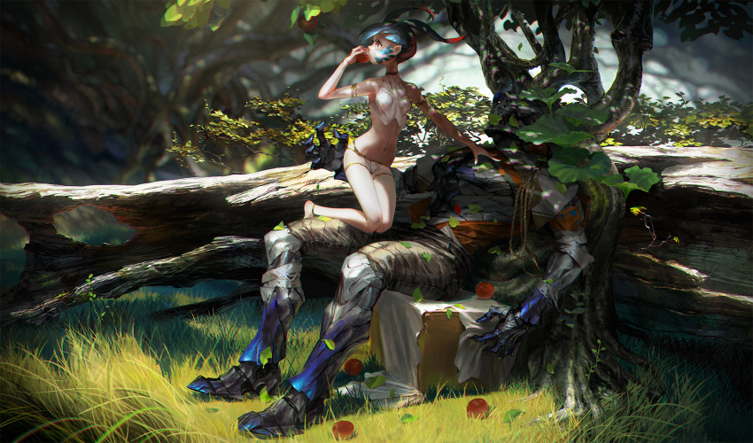 1girl armband armored_boots bikini bikini_bottom blue_hair boots choker commentary_request crop_top eating food food_in_mouth gauntlets grass helmet highres holding holding_food kneeling leaning_on_object looking_back navel original pointy_ears rock sage_(mami1210) shade short_hair sitting solo sunlight swimsuit tree