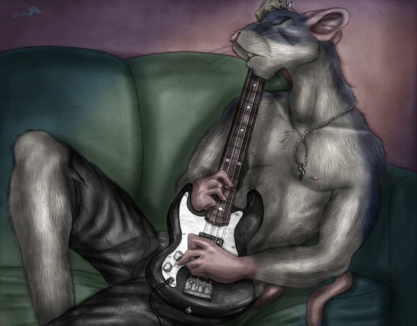 anthro bass_guitar clothed clothing eyes_closed furniture guitar jewelry male mammal murid murine music musical_instrument necklace plucked_string_instrument rat rodent sofa solo string_instrument topless whimsicalsquirrel
