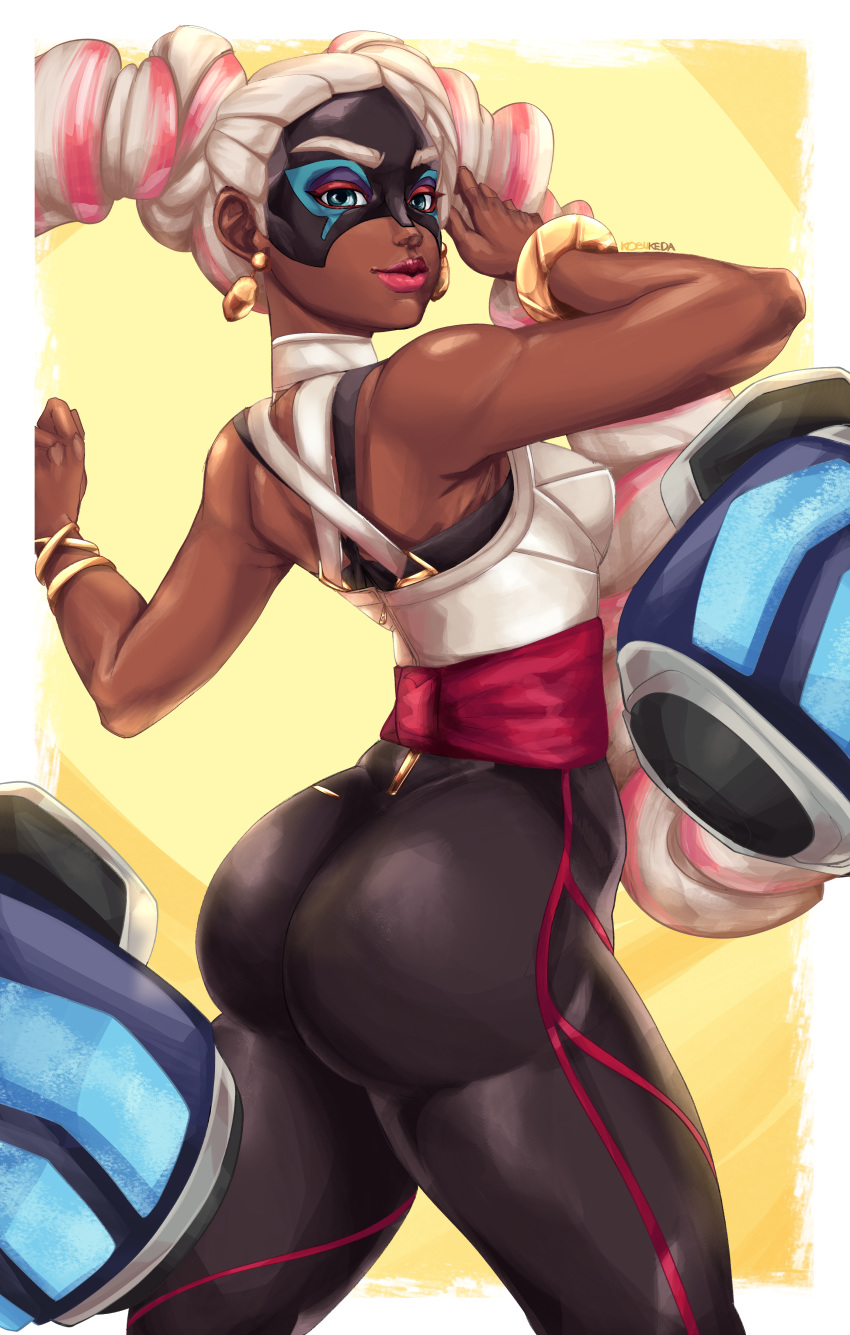 1girl absurdres arms_(game) ass black_pants blue_eyes boxing_gloves bracelet breasts chilla_(arms) dark_skin domino_mask drill_hair earrings halter_top halterneck highres huge_filesize jewelry kobukeda lips lipstick makeup mask pants prehensile_hair sash signature sleeveless small_breasts solo thick_thighs thighs tight tight_pants twin_drills twintails twintelle_(arms) very_dark_skin