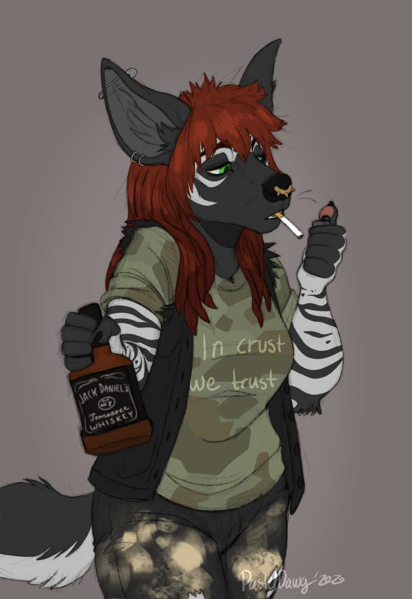 absurd_res alcohol anthro beverage crust facial_piercing female green_eyes hair hi_res hyaenid mammal nose_piercing pasteldawg piercing punk red_hair safety_pin septum_piercing smoking_tobacco solo striped_hyena