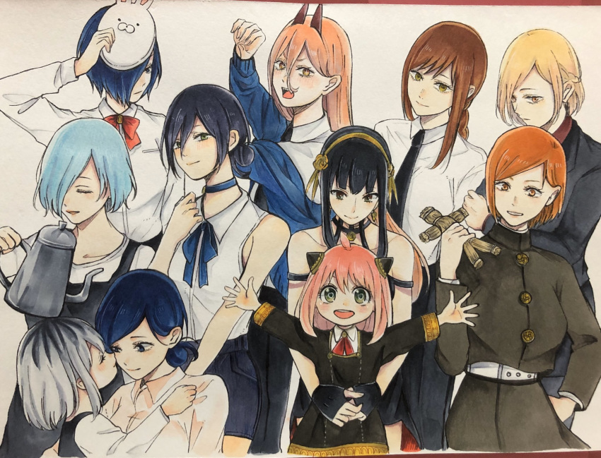 6+girls ania_(spy_x_family) arm_up bare_shoulders black_choker black_hair black_neckwear black_pants black_shorts braid braided_ponytail brown_hair business_suit chainsaw_man child choker collared_shirt crosshair_pupils crossover demon_girl demon_horns fangs formal grenade_pin hair_between_eyes hair_bun highres hood hoodie horns jujutsu_kaisen kirishima_touka kugisaki_nobara light_smile long_hair mado_akira makima_(chainsaw_man) mother_and_daughter multiple_crossover multiple_girls necktie open_mouth pants pink_hair power_(chainsaw_man) red_horns reze_(chainsaw_man) ringed_eyes shirt shorts sleeveless sleeveless_shirt smile spy_x_family suit tied_hair time_paradox tokyo_ghoul toukaairab very_long_hair white_shirt yoru_briar