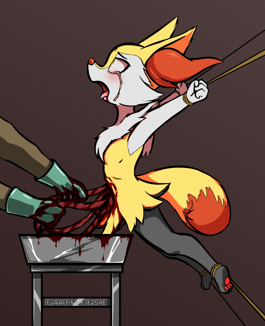 absurd_res anthro blood bodily_fluids bowl braixen brown_background canid canine chest_tuft clothing death disembodied_hand disembowelment dying e254e female fox fur furniture gloves gore green_gloves guts handwear hi_res imminent_death inner_ear_fluff intestines looking_up mammal nintendo open_mouth pok&eacute;mon pok&eacute;mon_(species) raised_arm restrained rope simple_background solo table tears tongue tongue_out tuft video_games wounded yellow_body yellow_eyes yellow_fur