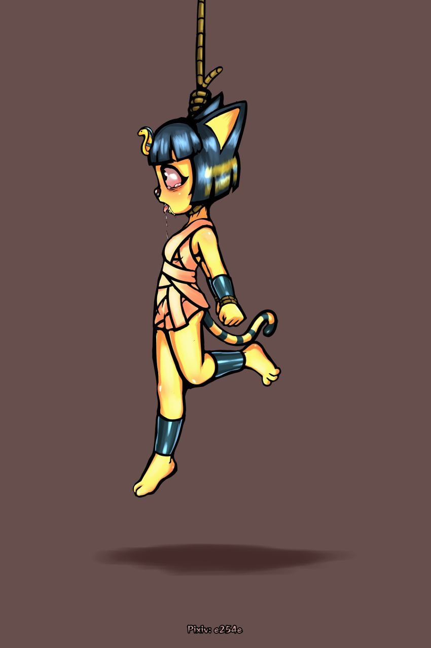 animal_crossing ankha_(animal_crossing) anthro armband asphyxiation blue_hair bodily_fluids brown_background domestic_cat dying e254e egyptian felid feline felis female fur gore hair hands_behind_back hanged hi_res imminent_death legband looking_away mammal nintendo open_mouth restrained saliva short_hair simple_background solo stripes tears tongue tongue_out video_games wrappings yellow_body yellow_fur