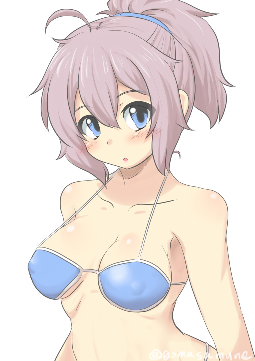 1girl absurdres ahoge aoba_(kantai_collection) artist_name bikini bikini_top blue_bikini blue_eyes blush_stickers breasts commentary_request covered_nipples goma_(gomasamune) hair_between_eyes hair_ornament hair_scrunchie highres kantai_collection long_hair looking_at_viewer medium_breasts pink_hair ponytail scrunchie solo swimsuit twitter_username upper_body white_background