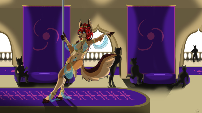 2020 anthro ayn banners black-backed_jackal black_body black_fur brown_body brown_fur canid canine canis clothed clothing crown dancing digital_media_(artwork) female fur furraleti hair harem_outfit headgear headwear hi_res jackal looking_at_viewer mammal multicolored_body multicolored_fur nipples pole red_hair silhouette skimpy solo stage stripper_pole translucent translucent_clothing two_tone_body two_tone_fur