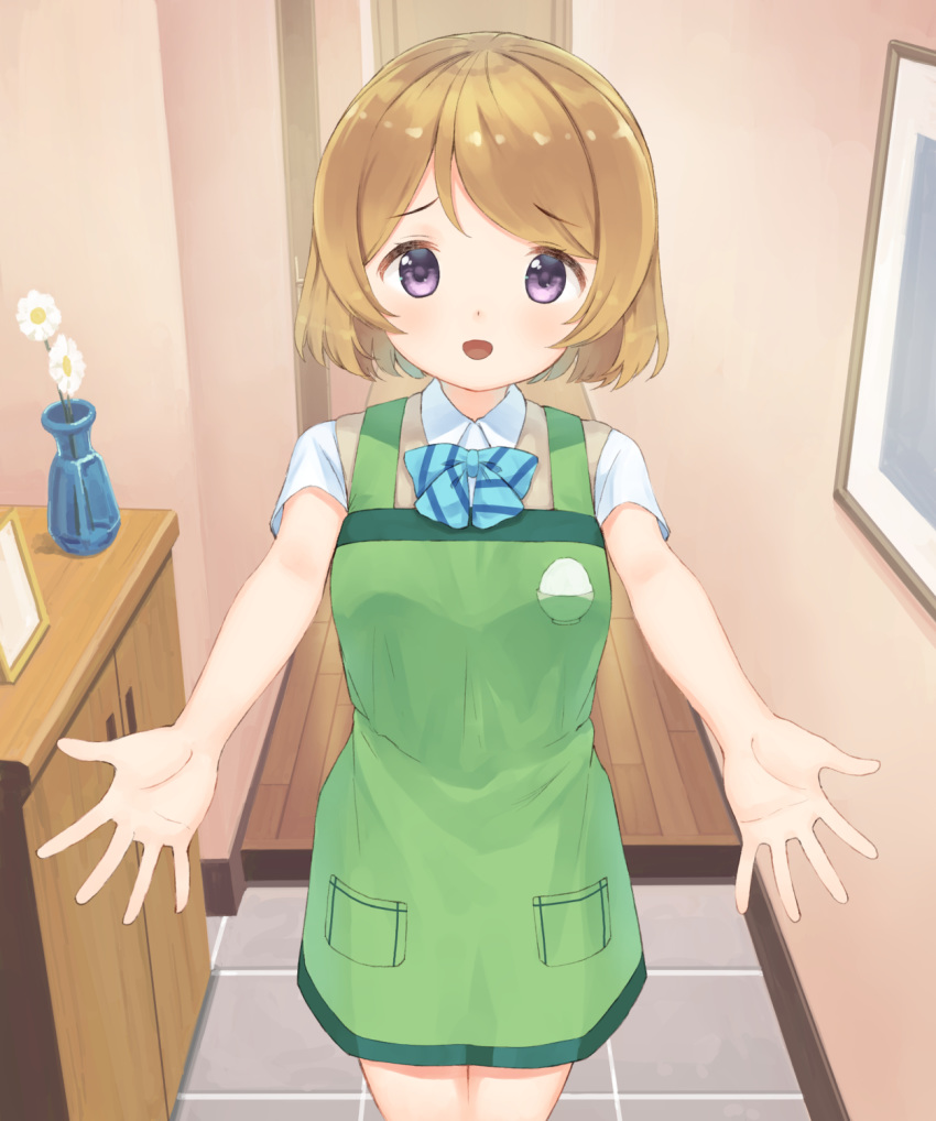 1girl apron bangs bow brown_hair eichisu eyebrows_visible_through_hair flower flower_pot frame highres incoming_hug koizumi_hanayo looking_at_viewer love_live! love_live!_school_idol_project open_mouth otonokizaka_school_uniform purple_eyes reaching_out school_uniform short_hair solo swept_bangs wooden_floor